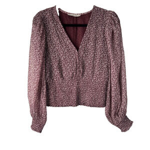 Abercrombie & Fitch CropTop Size M Burgundy Leaf Print Smocked Waist Puff Sleeve